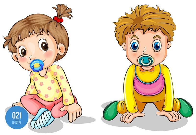 ilustração de crianças chupando chupeta, o que causa o diastema