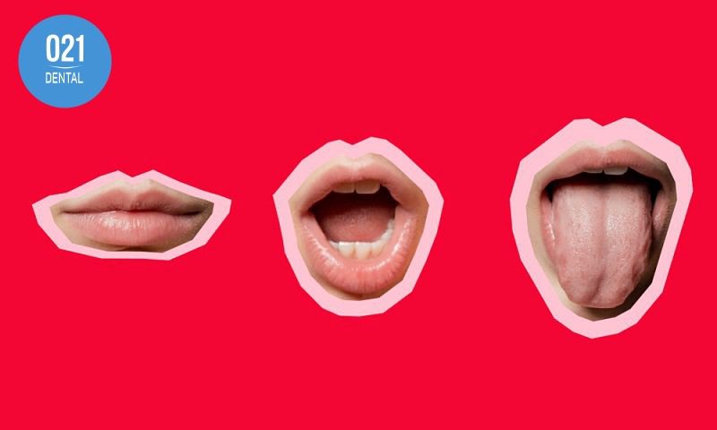 Colagem com imagem de bocas representando a língua, mastigação e deglutição