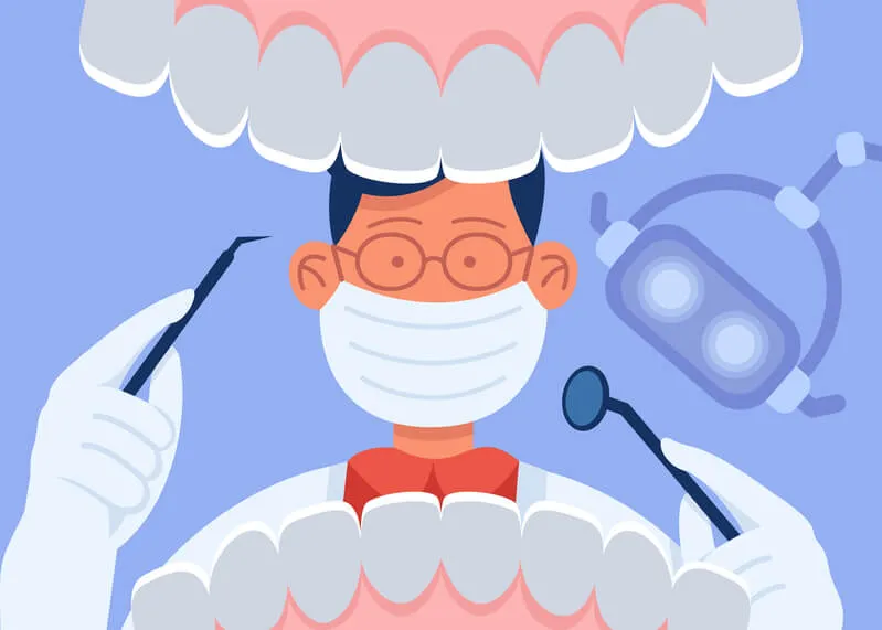 Desenho mostrando um dentista mexendo em uma boca